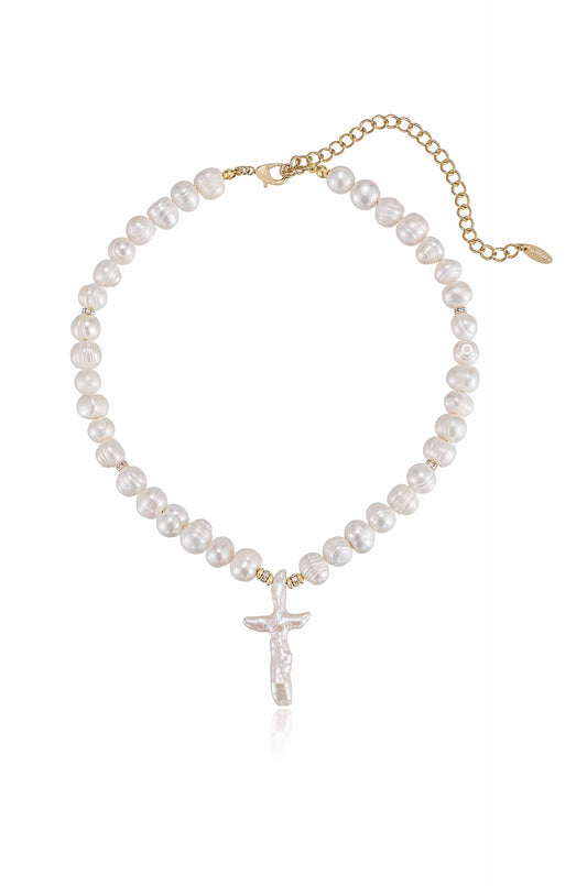 Organic Pearl Cross 18k Gold Plated Necklace on white