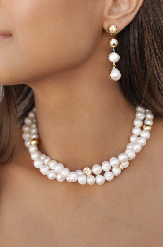 Double Strand Pearl and 18k Gold Plated Necklace