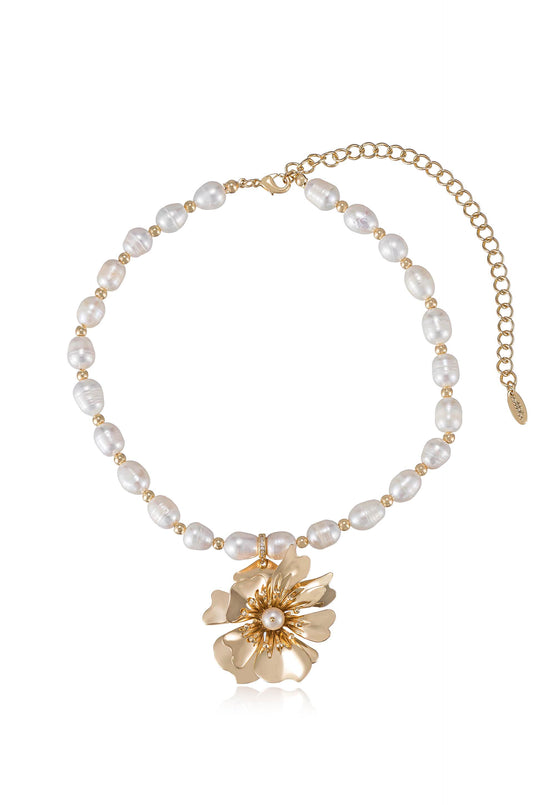 Golden Petals and Pearl 18k Gold Plated Necklace